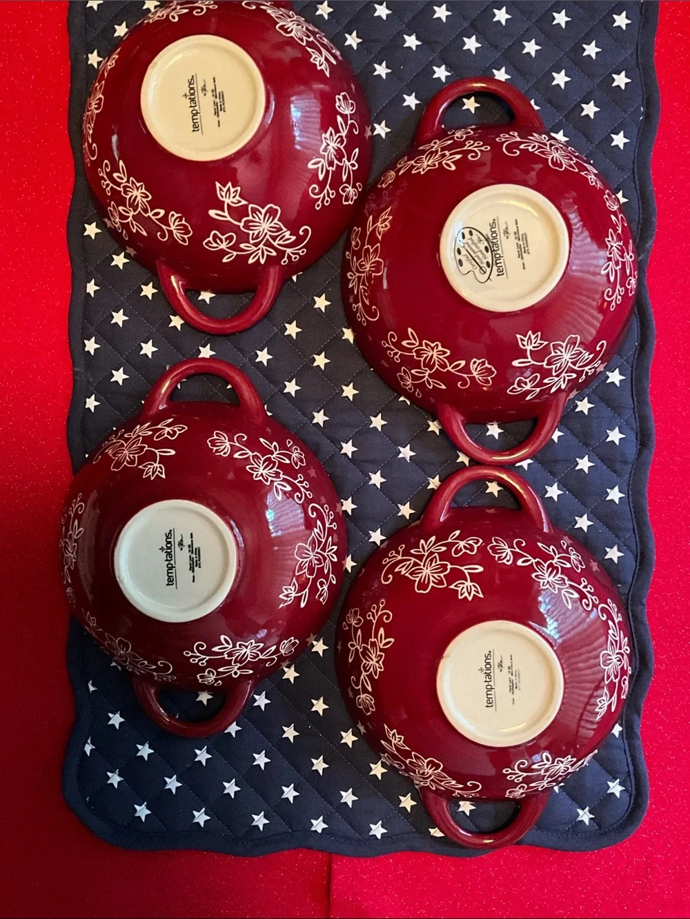 EUC Temp-Tations Red Floral Trim Stoneware Bowls (Set of 4)